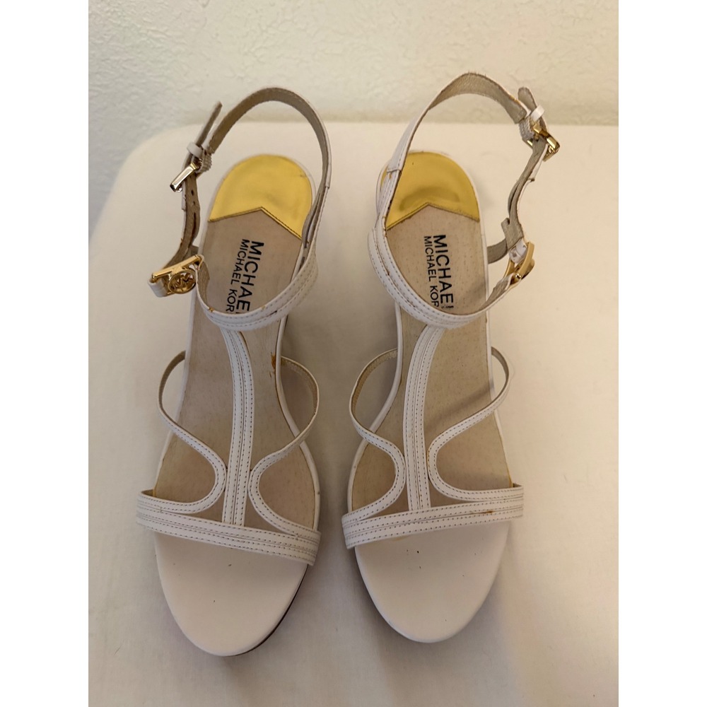 Michael Kors White Leather Strappy Wedge Sandals Gold Hardware Wood Heel